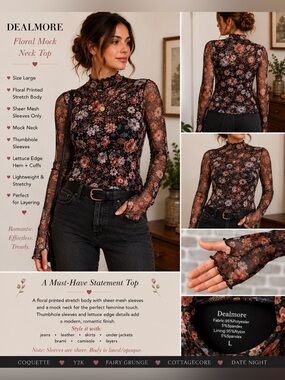 Dealmore Sheer Floral Mesh Mock Neck Top L Thumbhole Long Sleeve Y2K Coquette